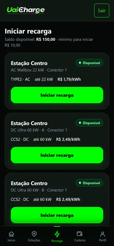 Tela real do Driver UAICHARGE com dados de demonstração: conectores com tipo, potência, preço por kWh e disponibilidade.