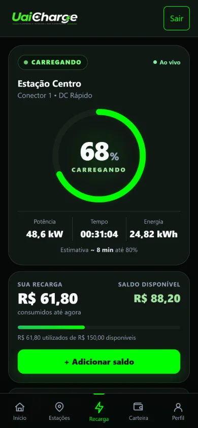 Tela real do Driver UAICHARGE com dados de demonstração: recarga em andamento com potência, tempo, energia e valor.