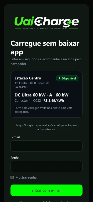 Tela real do Driver UAICHARGE aberta pelo QR Code do carregador, com dados de demonstração.