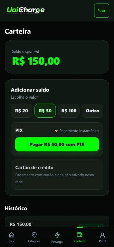 Tela real da carteira do Driver UAICHARGE com dados de demonstração: saldo disponível e pagamento por PIX.